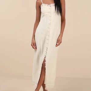 BRAND NEW Lulus Veanna Cream Textured Lace Button-Front Midi Dress